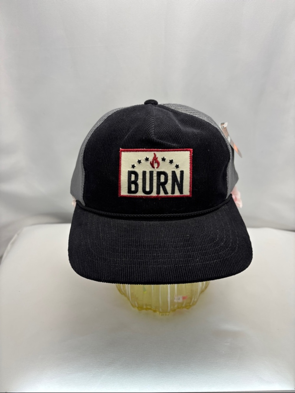 BURN Patch Trucker Hat - Black & Gray Corduroy and Mesh‎